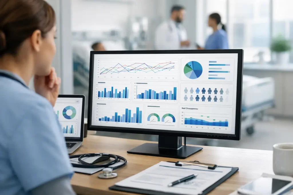 Digital healthcare management system tracking efficiency metrics for healthcare facilities