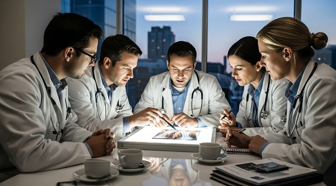 Healthcare management consultants analyzing clinic strategies